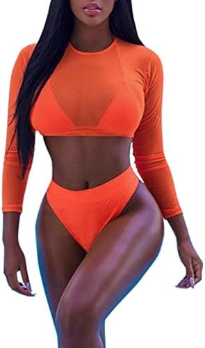 UwantC Women 3PCS Sexy High Waist Mesh Rash Guard Swimwear Long Sleeve Bikini Swimsuit Orange,Tag M (US 8-10)