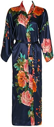 Yuxinbridal Women Long Floral Bridesmaid Robe Robes Satin Silk Robe Bridal Robes (Navy)