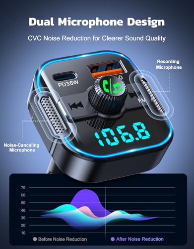 Glangeh 2026 Upgraded Bluetooth 5.3 Car Adapter【PD 36W+QC3.0 18W】, 2-in-1 Bluetooth FM Transmitter 【Dual Stronger Mics】& Fast Car Charger, Wireless Car Radio Adapter Hands-Free Kit, Siri Assistant