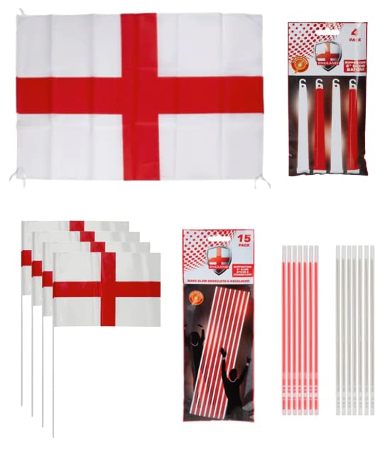 England Football Decorations St George England Flag with String 76cm x 50cm PLUS x4 St George Plastic Hand Flags with Sticks 12” x 8” & 19 Red & White Glow Sticks