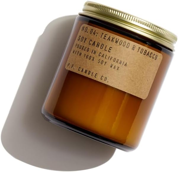 Candles & Holders - P.F. Candle Co. Teakwood & Tobacco Classic Standard Scented Soy Wax Candle (7.2 oz) 40-50 Hour Burn Time, Cotton Wick, Amber Glass Jar