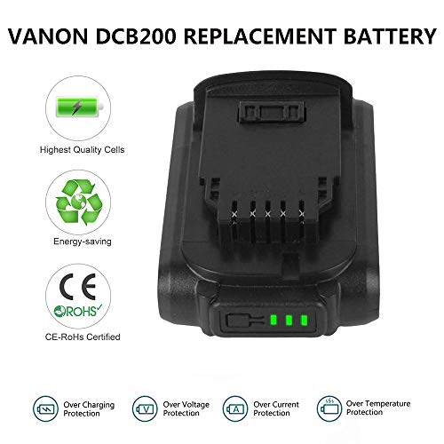 VANON DCB200 for Dewelt, 6.0Ah 20V Lithium-ion Battery for Dewalt DCB203 DCB204 DCB205 DCB205-2 DCB180 DCD985B DCD771C2 DCS355D1 DCD790B Cordless power tools(2 Pack) - Thumbnail 4