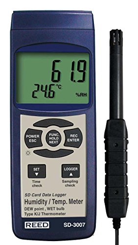 REED Instruments SD-3007 SD Series Thermo-Hygrometer Datalogger, 32 to 112°F (0 to 50°C), 5-95%RH, Wetbulb/Dewpoint Temperatures with Calibration Certificate