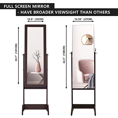 Nicetree Jewelry Cabinet with Full-Length Mirror, Standing Lockable Jewelry Armoire Organizer, 3 Angel Adjustable, Brown - Thumbnail 4