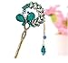 Blue Vintage Retro Style Butterfly Beaded Antique Brass Hair Stick Pin Clip w/ Tassel for Long Hair Ponytail