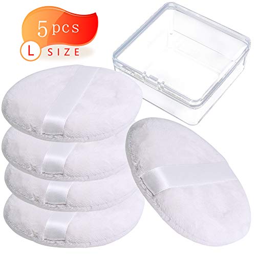 5 PCS Powder Puffs, Large Body Puff Round Puffs Loose Powder Puff Washable Puff Fluffy Powder Puff Ultra Soft Puffs Velour Puffs Large Powder Puff With Ribbon Power Puff Box For Body Powder Makeup