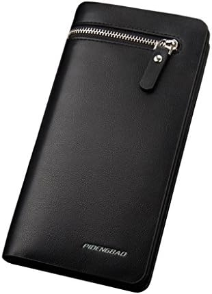 Men's Genuine Leather Long Wallet Card Holder Money Organizers Bifold Notecase Cellphone Pouch (Smooth Black)