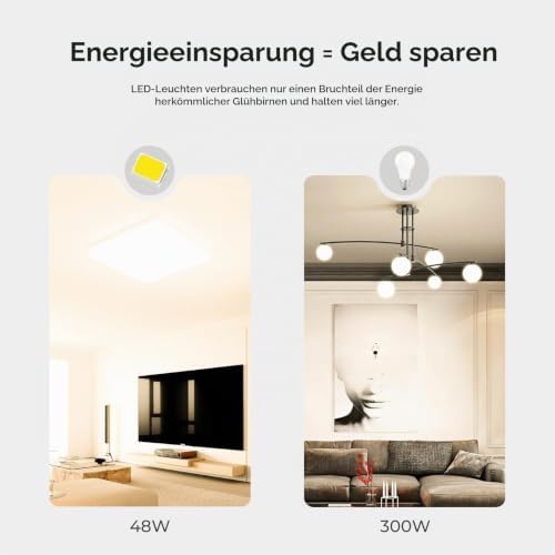 Deckenlampe LED Deckenleuchte Flach: 30x30CM 3000K Küchenlampe Lampe Decke 48W, 4800LM LED Lampen Deckenlampen für Wohnzimmer, Badezimmer, Schlafzimmer, Küche, Flur,Büro, Weiß, Quadrat