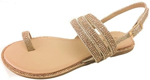 Bella Luna Amber-09x Rose Gold 7 Women Rhinestone Bejeweled Flat Sandal ~ T-Strap Thong Slide On ~ Slingback Ankle Strap Wedding Bridesmaid ~ RUNS ONE SIZE SMALL~