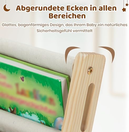 Kinderbücherregal Montessori – Bücherregal Kinder mit 6 Stofffächern, frontal offenes Bücher-Display aus Kiefernholz, Kinderregal für Kinderzimmer & Leseecke, Naturholz, 42 x 30 x 76 cm