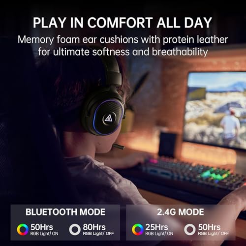 EKSA 2.4GHz Wireless Gaming Headset for PS5/PS4/PC/Switch/Mac, Bluetooth 5.3 Gaming Headphones Wireless with Microphone, 30ms Latency, 80 Hours Battery Life, RGB, USB PC Headset