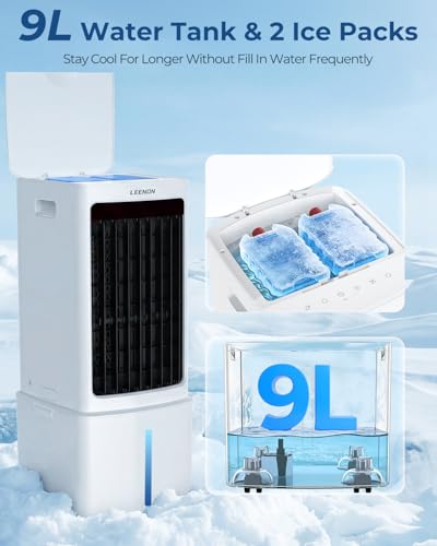 LEENON 9L Portable Air Conditioner, Air Cooler Fan with 3 Speeds, 35dB Quiet Cooling Fan with Wheel, Energy-Saving Evaporative Air Cooler for Bedroom & Home Office, Kids & Pet Friendly