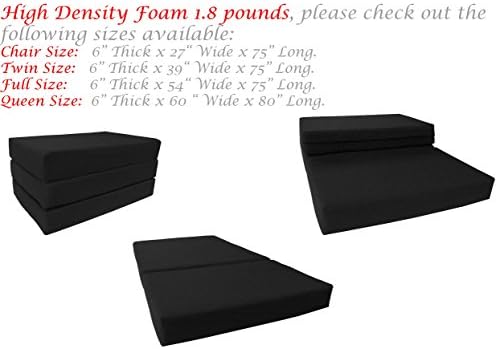 Tri-Fold Foam Bed, Tri-Folded Mattress, High Density Foam 1.8 lbs, 6 in Thick Mattresses. (Chair Size 6x27x75, Black)