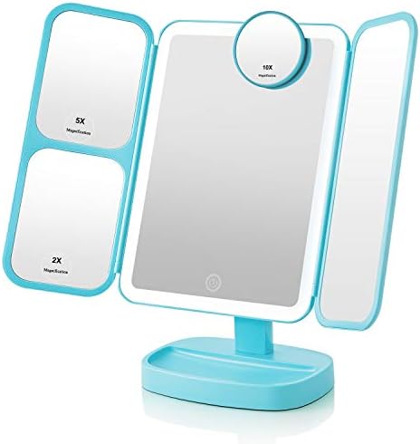 EASEHOLD Makeup Vanity Mirror, Ultra-Thin Portable Trifold Mirror with 38 LED Lights, 2x/5x/10x Magnifying, 180°Free Rotation, Touch Screen Switch, Dual Power Supply, for Table Desktop, New Version 3