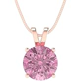 Clara Pucci 1.5 cttw Pink Simulated Diamond Rose Gold-Plated Silver Necklace and Pendant for Women (18" Box Chain,Round Cut,7.5mm)