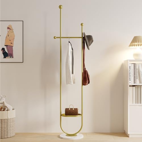 Beauenty Fashion Coat Rack, U-Shape Clothes Stand, Metal Coat Racks with Stone Slab Base, Modern Freestanding Hanger for Clothing, Bags, Hats, Entryway, Living Room, Height 1.9M (Golden)