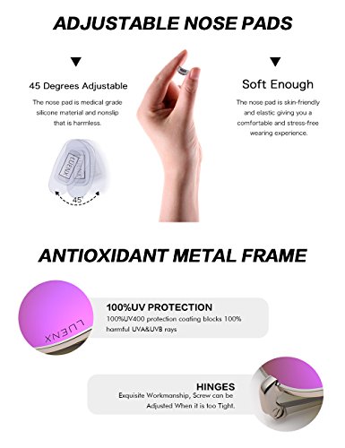 LUENX Aviator Sunglasses Polarized for Men & Women with Case - 400 UV Purple Lens Metal Gloss Silver Frame Mirrored 60mm - Thumbnail 2