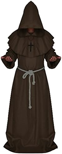 Men's Friar Medieval Hooded Monk Priest Robe Tunic Halloween Cosplay Costume