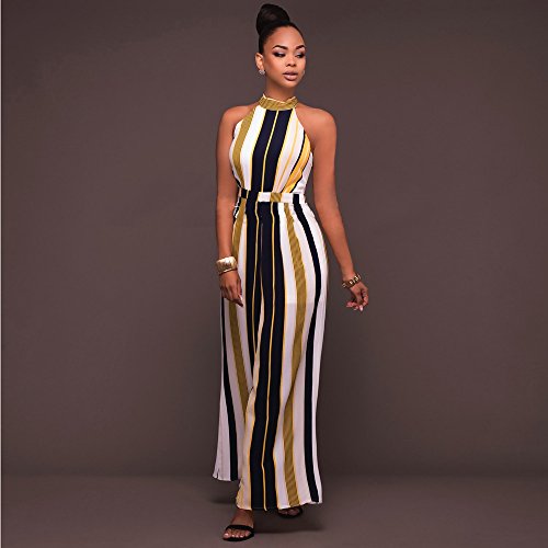 Women's Sleeveless Jumpsuit Turtleneck Stripes Playsuit High Waist Flared Jumpsuits Rompers Pant(Yellow,M)
