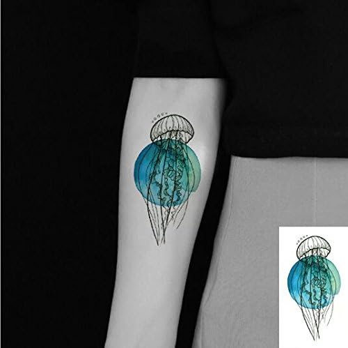 SanerLian Set of 5 Waterproof Temporary Fake Tattoo Stickers Watercolor Blue Circle Jellyfish Unique Design