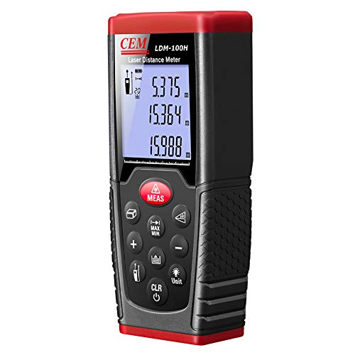 CEM LDM-100H 330ft 100m Outdoor Laser Distance Meter Laser Tape Measure with LCD Backlight,Pythagorean Mode, Measure Distance, Area and Volume,Battery Included (330ft/100m)