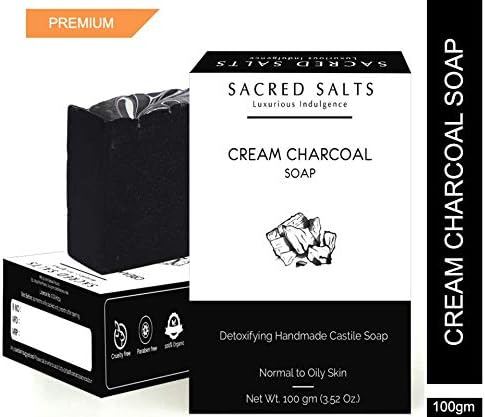 Sacred Salts Cream Charcoal Gentle Exfoliating Handmade Castile Soap| 100% Natural Organic Bathing Bar | Nourishing Soap for Face & Body | 100g