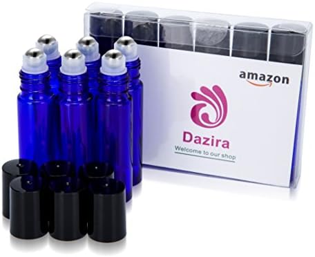 Dazira 6 new,Glass Roll On Bottles With Metal Ball Best Quality [STAINLESS STEEL ROLLER] 10ml (1/3oz) Cobalt Blue Glass -For Aromatherapy, Essential Oils, Perfumes and Lip...