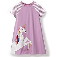 FreeLu Toddler Girl Clothes Cartoon Dress Casual Short Sleeves Dresses Cotton T-Shirt(6T,Lavender Unicorn)