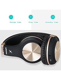 Riwbox XBT 80   Auriculares inalámbricos Bluetooth plegables con micrófono y control de volumen, auriculares inalámbricos con cable, PC, teléfonos móviles, TV y iPad Negro y dorado