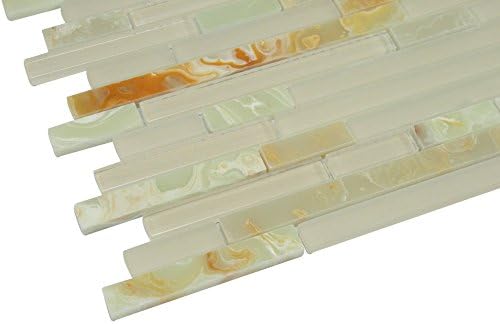 Glossy Cream and Green Onyx Random Brick Pattern Glass Mosaic Tiles for Bathroom and Kitchen Walls Kitchen Backsplashes