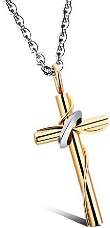 Most Touching Valentines Gift Stainless Steel Two Tone Couples Rings Cross Pendant Necklace Matching Set for Lovers (Golden)