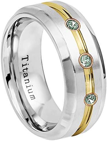 0.21ctw Alexandrite 3-Stone Titanium Ring - June Birthstone Ring - 8MM 2-Tone Yellow Gold IP Grooved Center Comfort Fit Classic Dome Titanium Wedding Band -