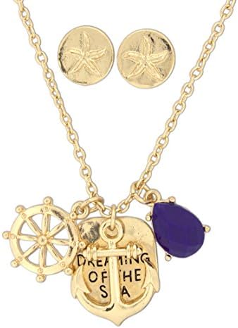 Periwinkle Starfish Post Earrings with Dreaming of the Sea Necklace Featuring Anchor, Helm, and Simulated Gemstone Charms