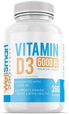 WellSmart Pro Vitamin D3 5000 IU 360 Organic Softgels in Olive Oil for Maximum Absorption – Small Capsule Size, Premium Supplement, Gluten-Free, Non-GMO - for Strong Bones, Teeth, Immune Health