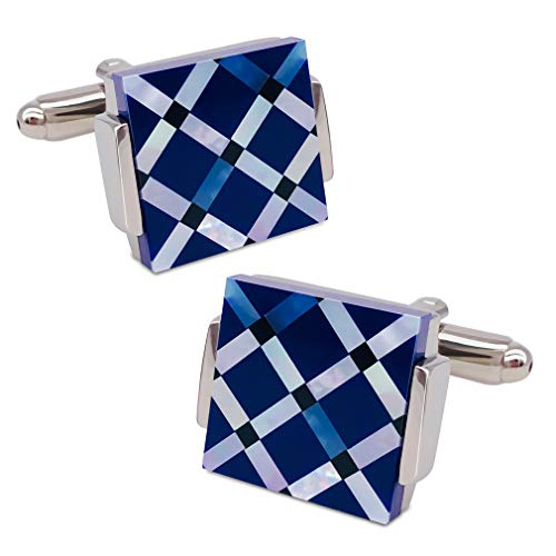 VIILOCK Mother Pearl & Onyx Stripe Tuxedo Cufflinks in a Gift Bag Wedding Cuff Links (Blue)