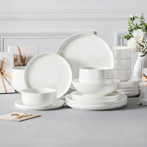 Geschirrset 6 Personen, LUNA 24-tlg Tafelservice aus Weißem Porzellan, Modernes Geschirr Set mit je 6 Speiseteller, Dessertteller, Suppenteller und Müslischalen