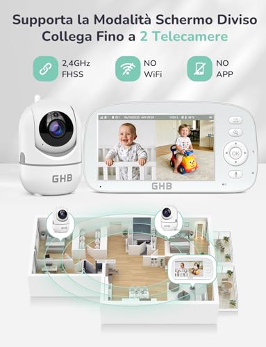 GHB Baby Monitor Video and Audio 5'' 720P Screen 5000mAh, 350°/110°, Temperature Detection, VOX, Bidirectional Intercom, Integrated Lullaby
