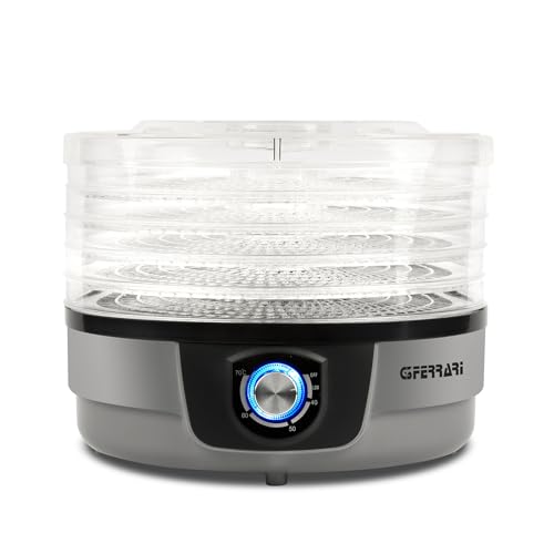 G3 Ferrari G10197 Trockner, 250 W, Dörrgerät, 5 abnehmbare rotierende Tabletts, einstellbare Temperatur, BPA-freie Tabletts, einfache Reinigung, Höhe verstellbar