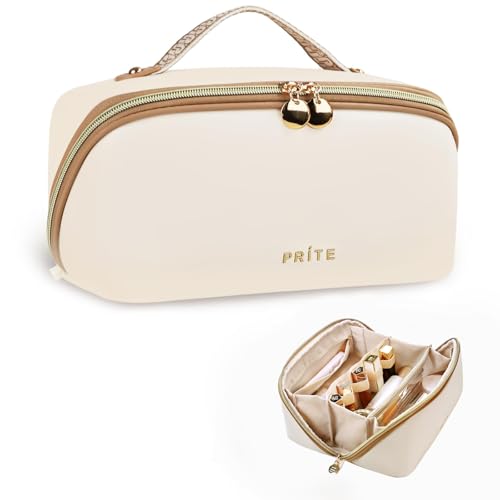 Prite Kosmetiktasche Reise Make Up Tasche mit Pinsel-Fächer, Beige, L