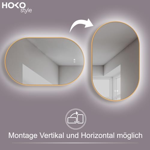 HOKO® Anti-fog LED Oval Mirror 50 x 90 / 90 x 50 cm with Gold Metal Frame. Vertical/Horizontal Mounting. Bathroom Mirror+Touch Switch+Hot/Cold/Neutral Light Change 2700-6500K