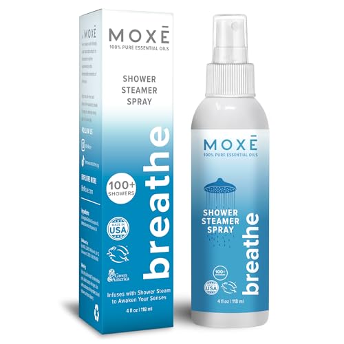 MOXE Breathe Shower Mist, Eucalyptus and Peppermint, Spa Steam Spray, Certified Natural 100% Essential Oils, Made in USA, Aromatherapy, Sinus Congestion Relief, Tension Relief, 4 Ounces (1 Pack)