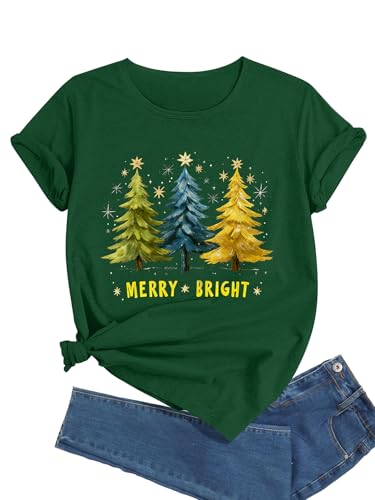 GRTXIN Christmas Shirts for Women Funny Merry Christmas Graphic Tees Xmas Tree T-Shirt Holiday Tops (DarkGreen-12-XL) at Amazon