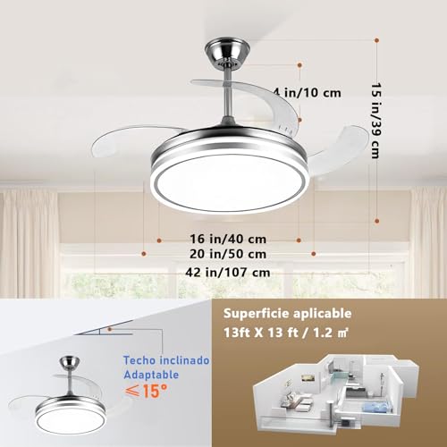 Ventilador de Techo Retráctil con Luz LED Regulable, 6 Velocidades, Kits de Luces de Techo Interiores con Ventiladores
