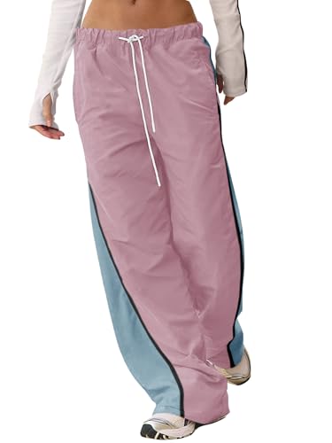 Fisoew Women's Baggy Wide Leg Track Pants Casual Drawstring Elastic Waisted Color Block Workout Y2K Active Pants Pink at Amazon