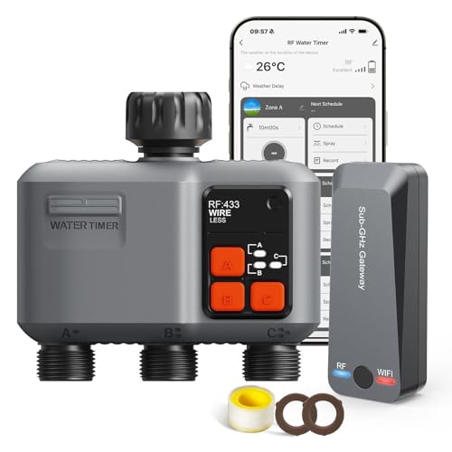 Smart WiFi Water Timer 3-Zone, Sprinkler Timer with with 984 Feet RF Gateway, 3 Outlets Hose Timer with Rain Delay, Wireless Irrigation Timer with Automatic/Manual for Garden/Lawn