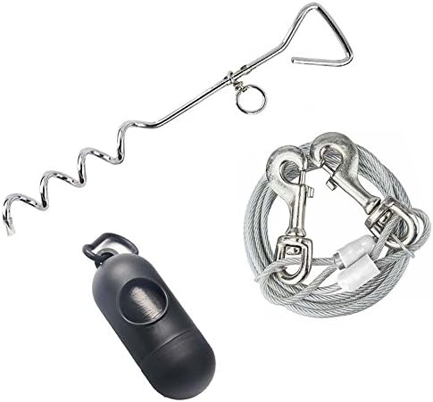 Dog Stake with Tie Out Cable 16ft, Heavy-Duty Pet Spiral Stake with Anti-Winding Metal Ring and 2 Clasps for Small to Medium Pets Play in the Yard, Camping and Outdoors, with A Garbage Box