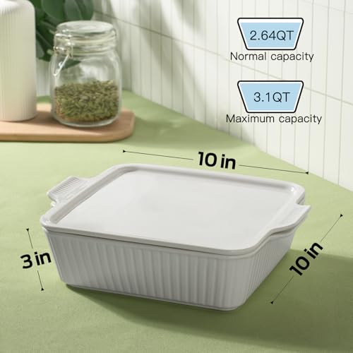 Dizada Casserole Dish for Oven with Lid, 10'' Square Baking Dish, 2-in-1 Ceramic Baking Dish, Baking Pan with Handles, Lasagna Pan Bakeware Oven Safe Baking Dish for Oven, Cake, Kitchen, Microwave, Dishwasher Safe, White