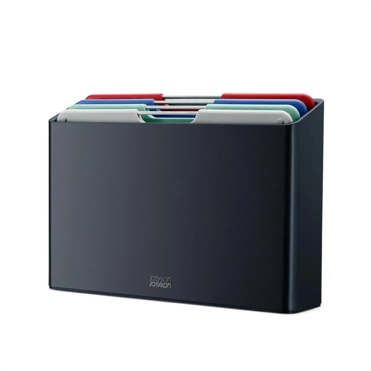 Joseph Joseph Folio Colour Coded Chopping Board Set of 4, Slimline Storage case, Regular- Graphite/Coast