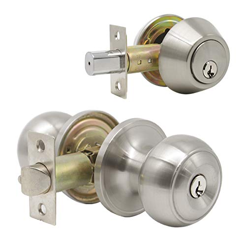 Brushed Nickel Double Cylinder Handleset Combo Pack, Keyed Alike Entry