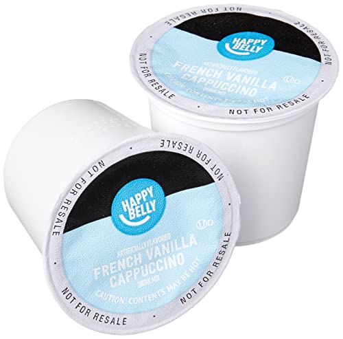 AMAZON BRAND – HAPPY BELLY CAPPUCCINO COFFEE PODS LIGHT ROAST COMPATIBLE WITH 2.0 K-CUP BREWERS, FRENCH VANILLA FLAVORED, 24 COUNT, 1.5 POUND (PACK OF 1)